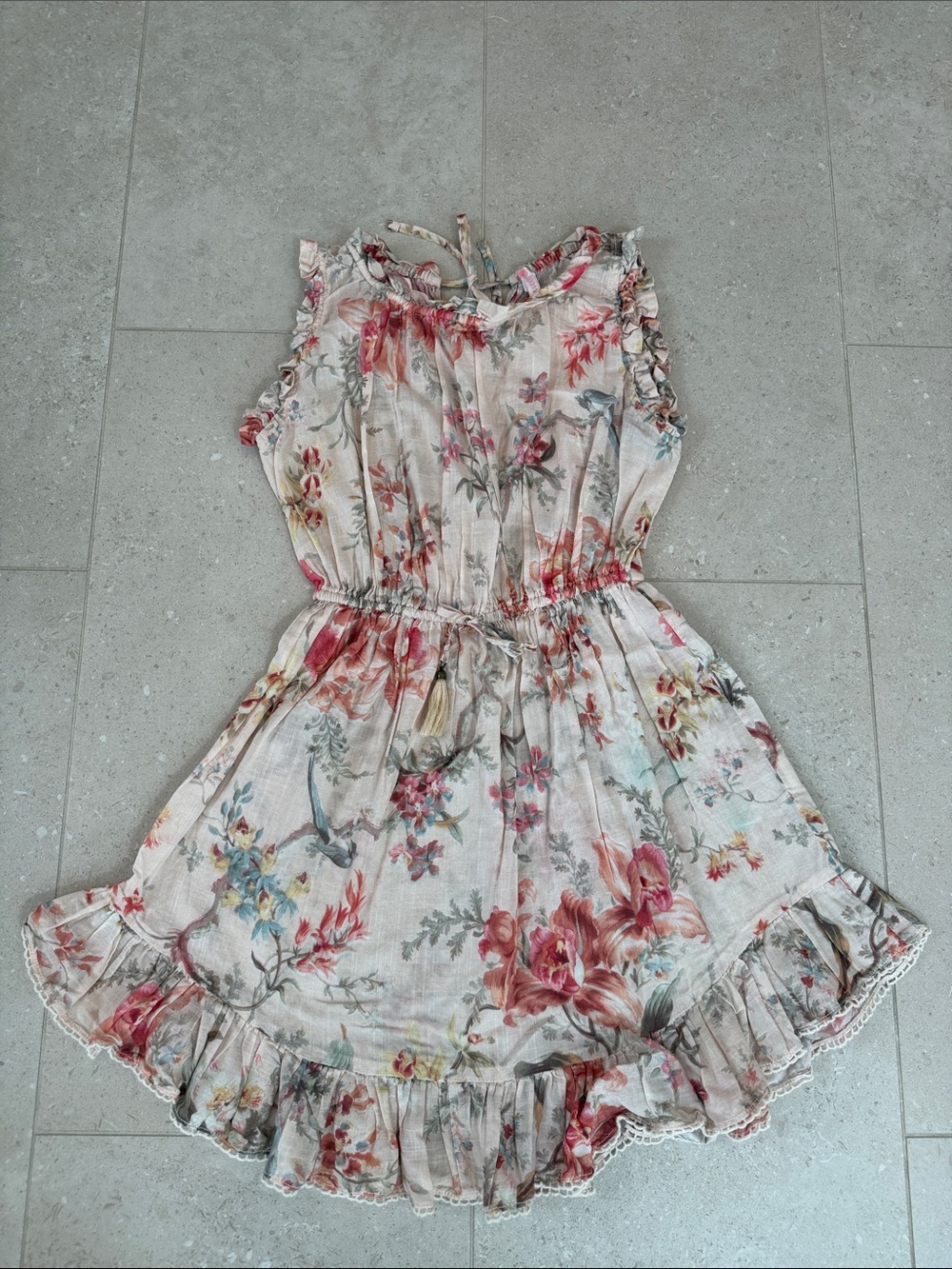 Zimmermann Cream Floral Ruffle Sundress with Pink & Green Accents